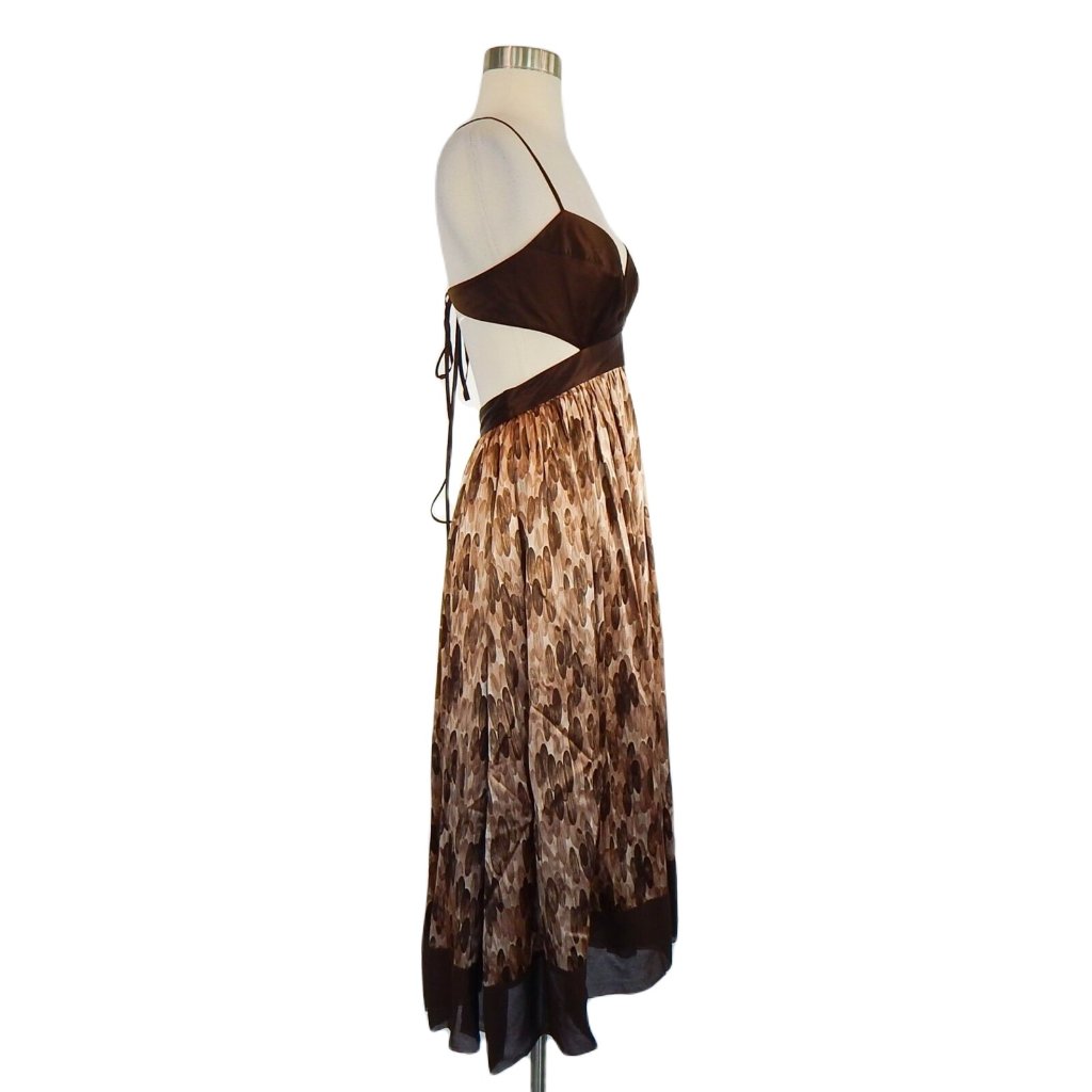 Bcbg Maxazria Brown Print 100% Silk Flowy Cutout Waist Strappy Dress New Size 4